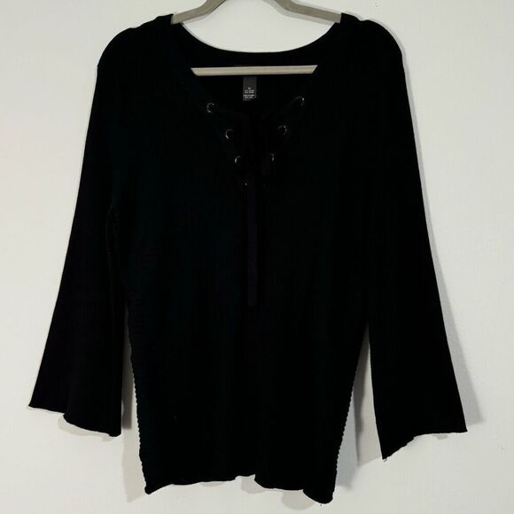 INC International Concepts Lace Up Eyelet V-Neck Ribbed Flare Sleeve Sweater XL - Picture 3 of 7
